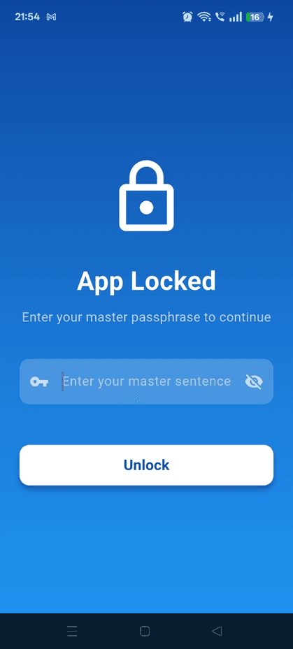 V18 app lock screen asking for a master passphrase